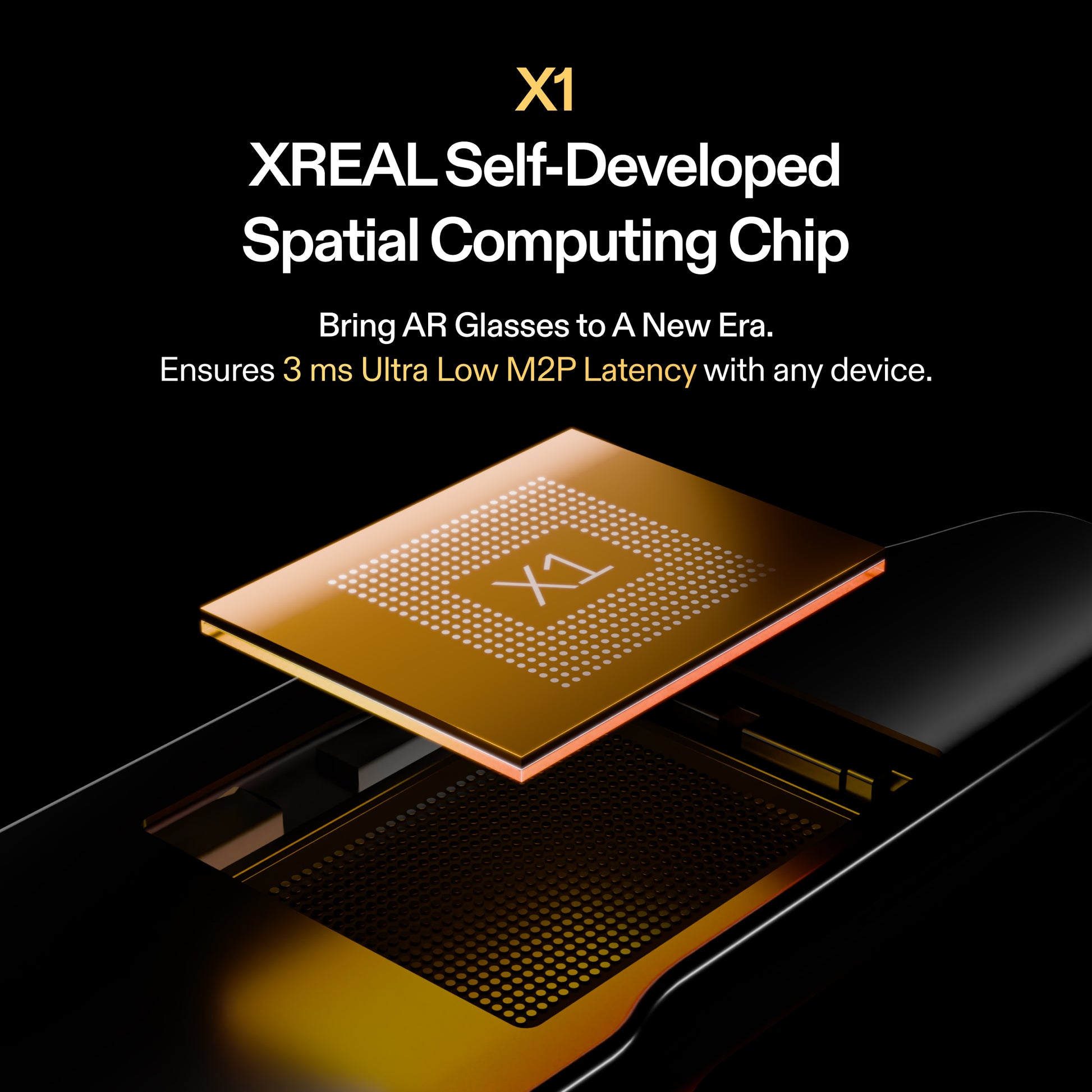 Close-up of the XREAL X1 spatial computing chip, a self-developed AR processor enabling 3ms ultra-low M2P latency for next-generation AR glasses