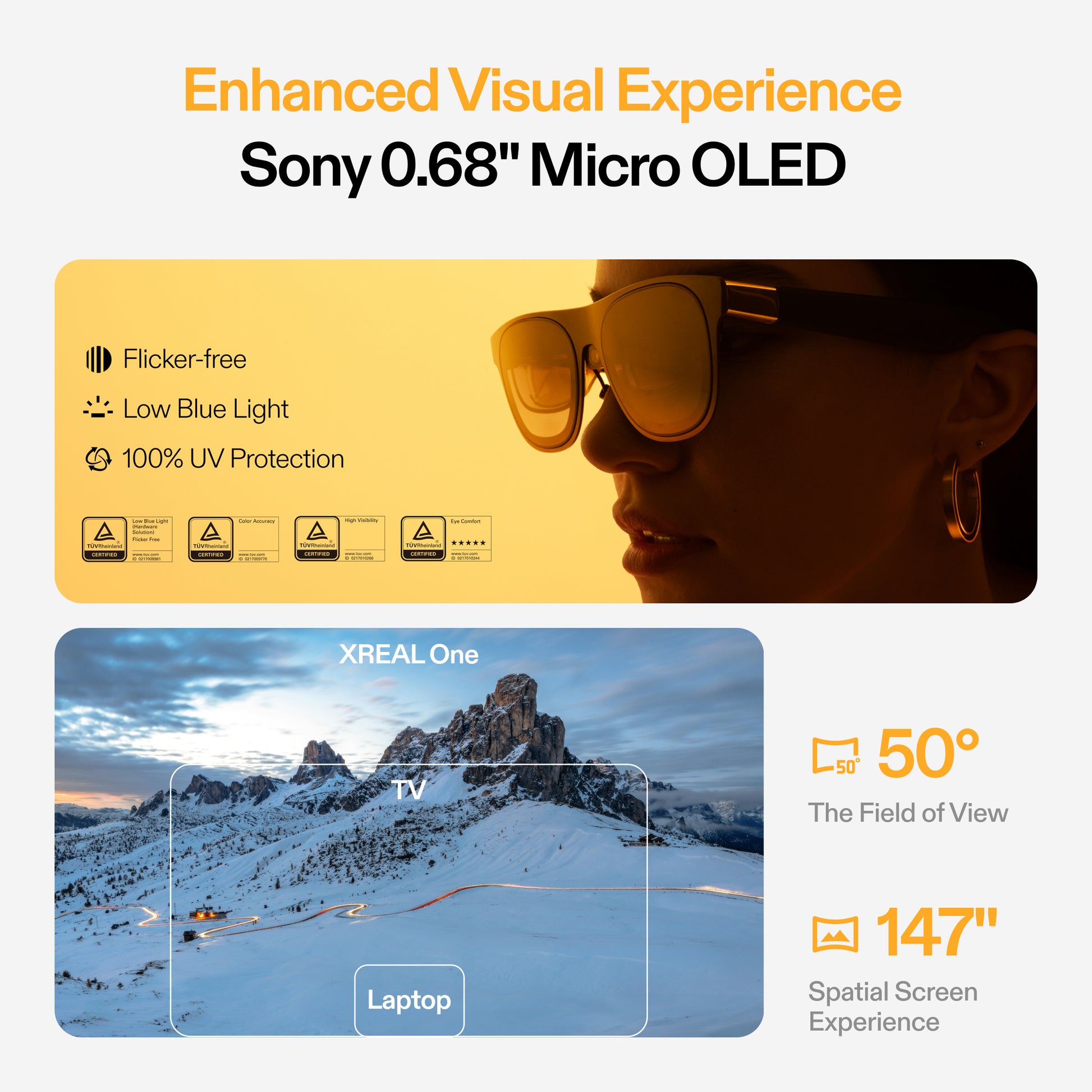 XREAL One AR glasses with Sony Micro OLED display showcasing flicker-free visuals and wide 147° spatial screen
