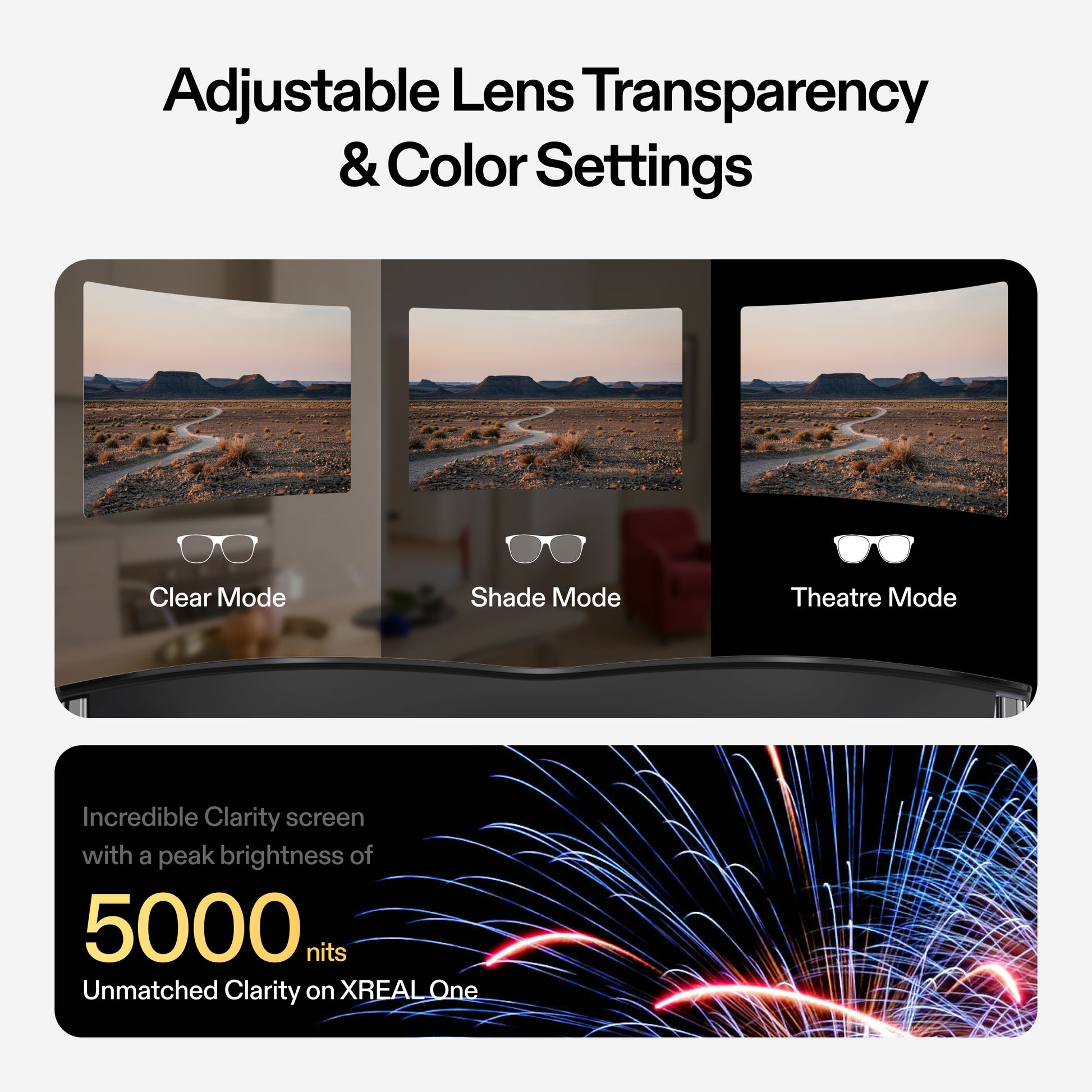 XREAL AR glasses demonstrating adjustable lens transparency with Clear Mode, Shade Mode, and Theatre Mode settings, featuring a 5000-nit peak brightness display