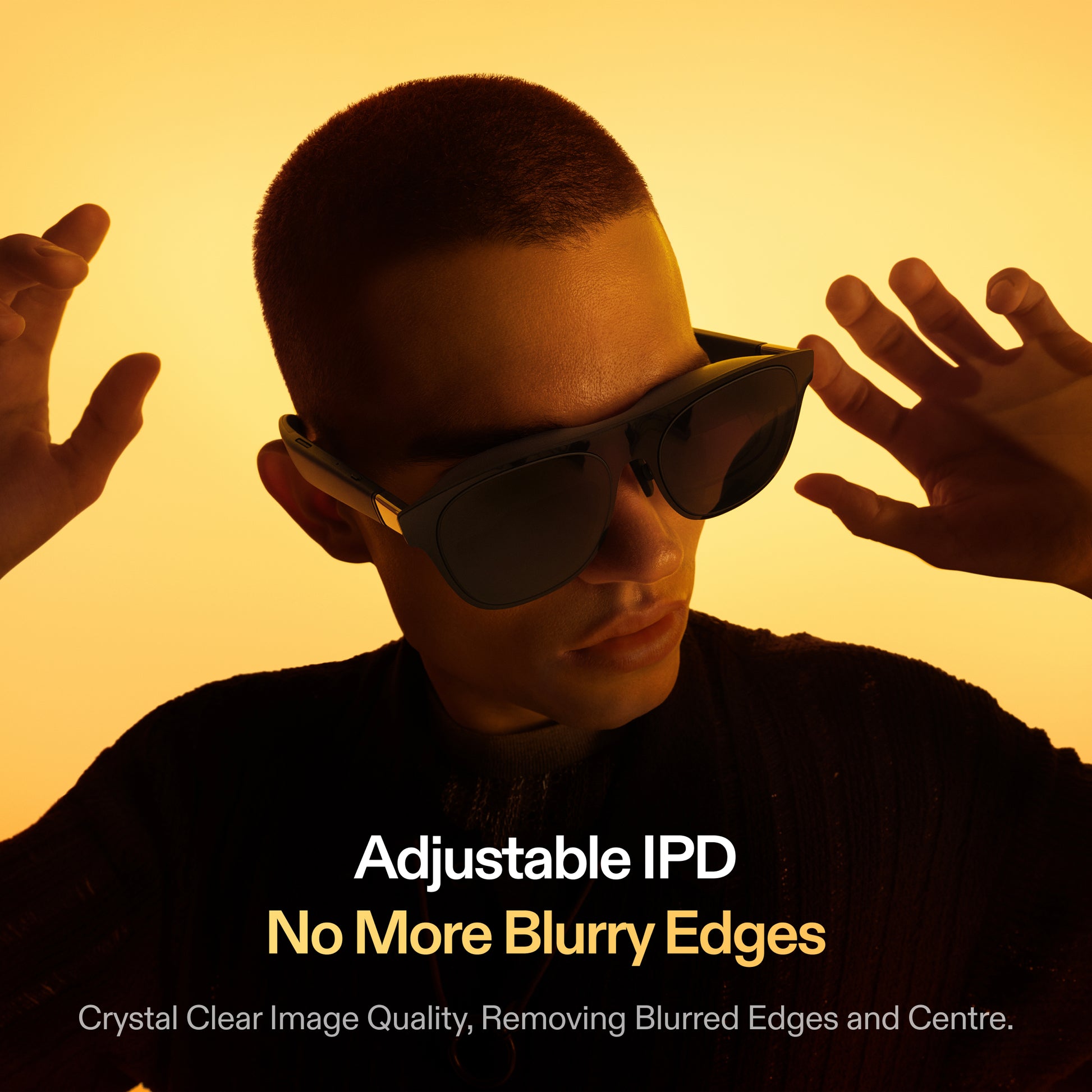 Close-up of XREAL AR glasses with adjustable IPD (interpupillary distance) mechanism, showcasing edge-to-edge clarity that eliminates blurred edges for crisp image quality