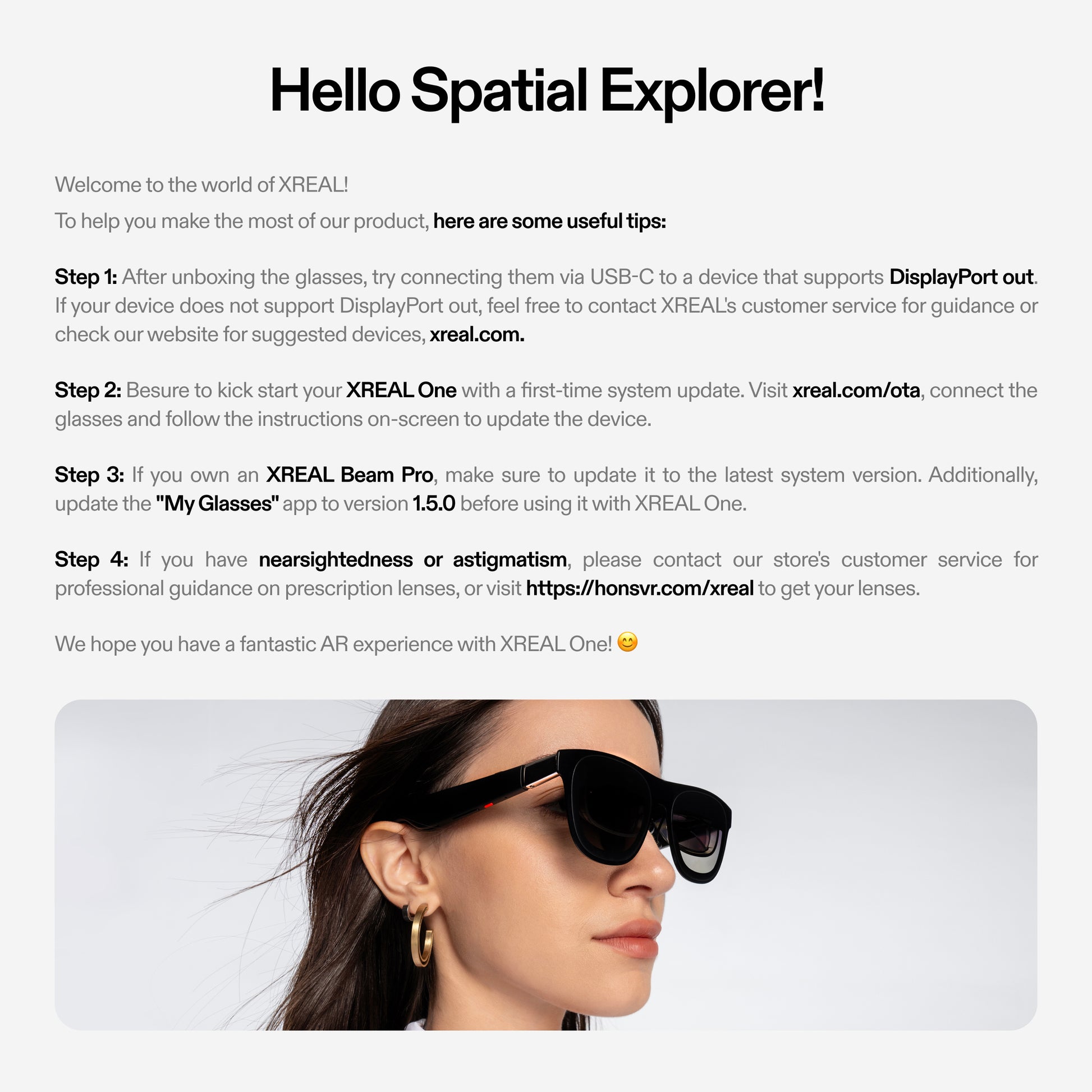 XREAL One AR glasses setup guide showing connection instructions, system update steps, and prescription lens information for new users
