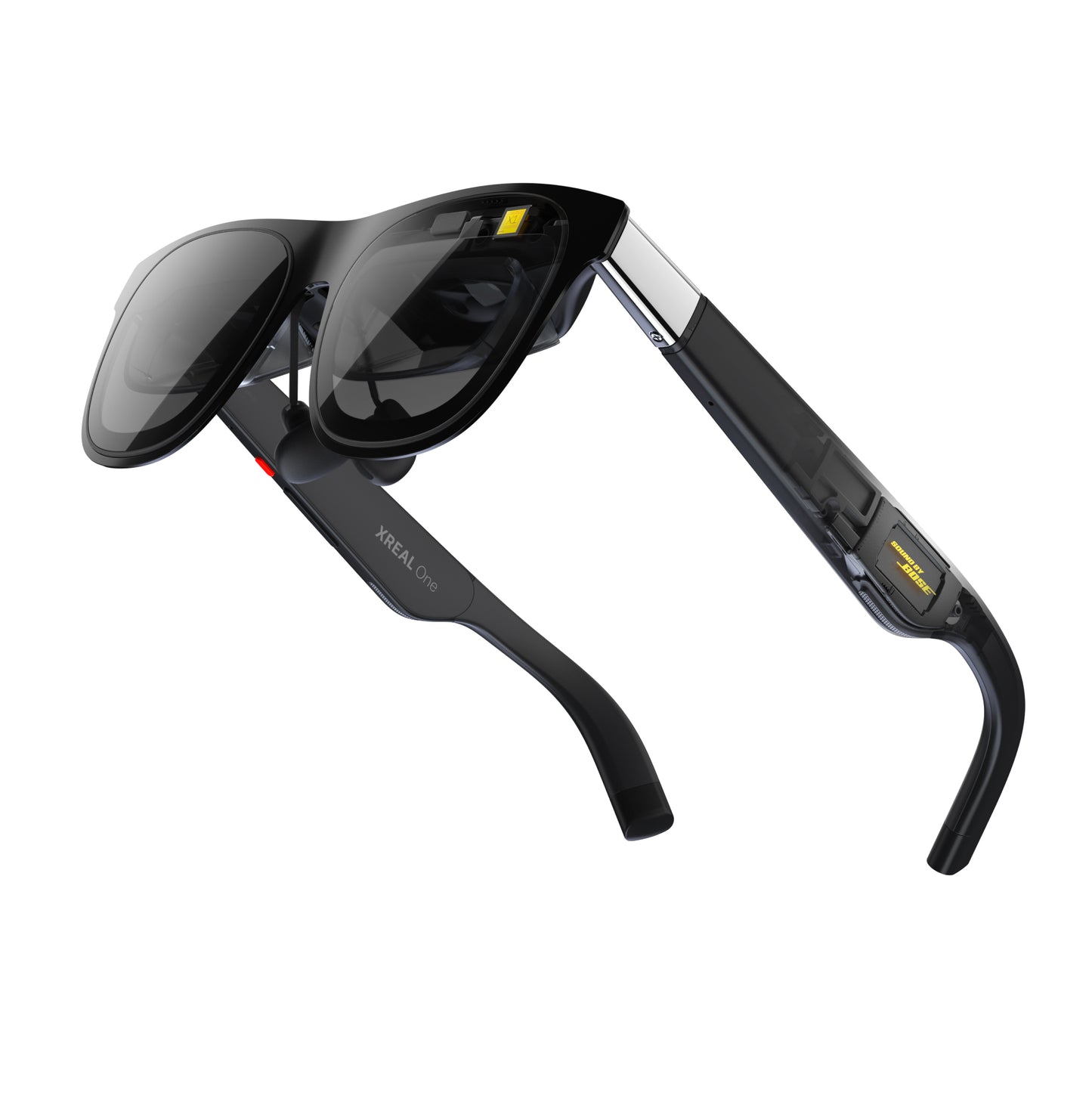 XREAL One AR smart glasses featuring a sleek black design, transparent frame elements, and embedded display technology for immersive augmented reality experiences