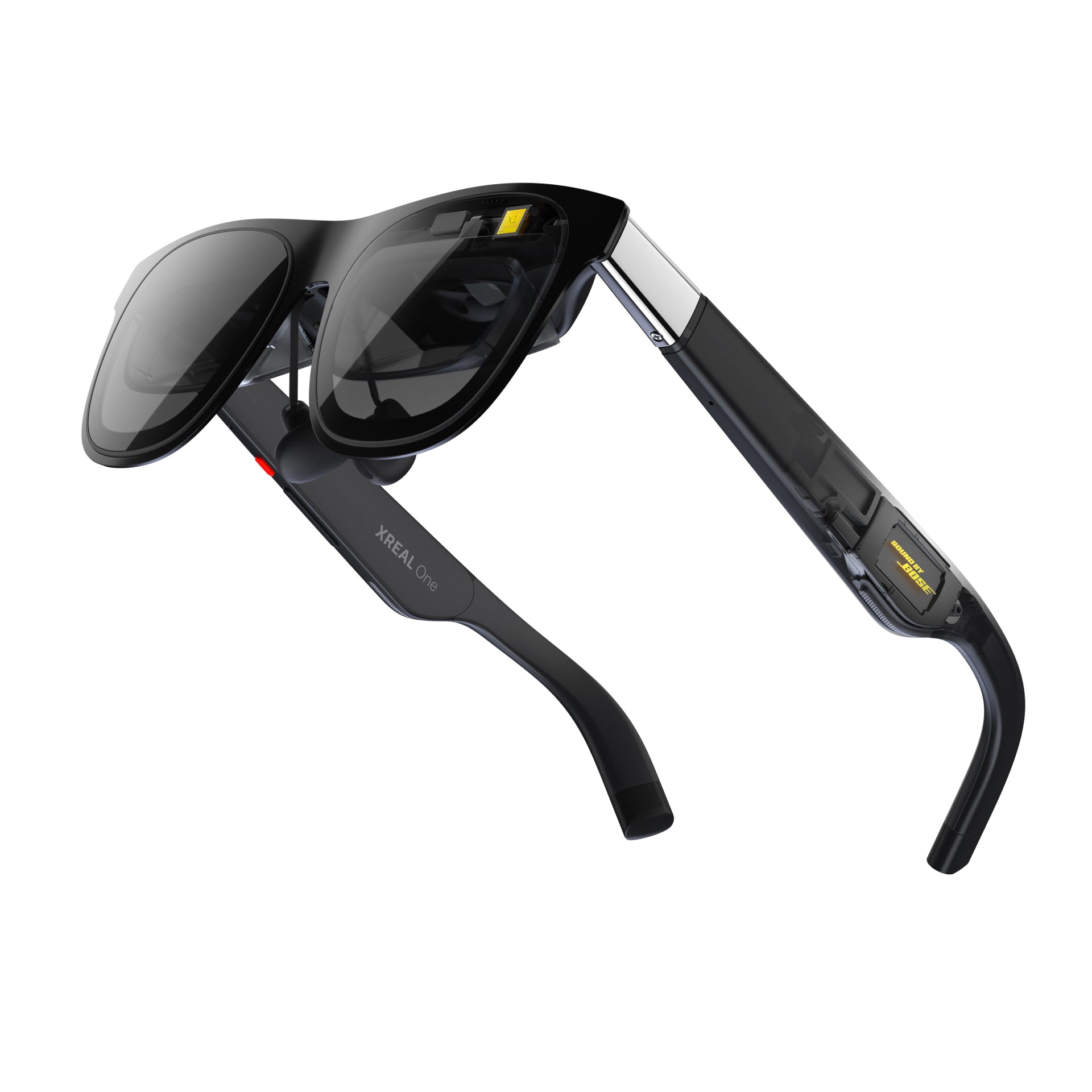 XREAL One AR smart glasses featuring a sleek black design, transparent frame elements, and embedded display technology for immersive augmented reality experiences