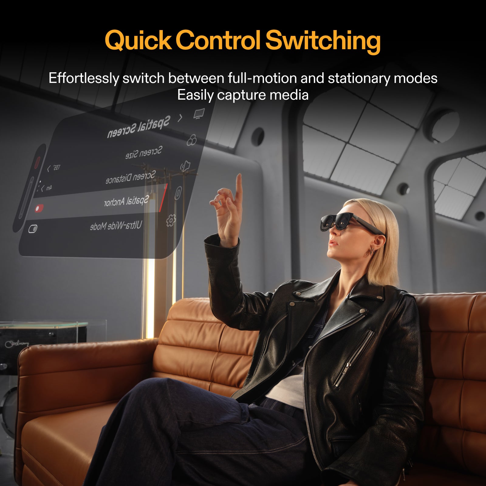 XREAL Eye AR glasses demonstrating quick control switching between full-motion tracking and stationary modes for flexible media capture"