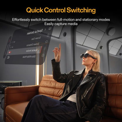 XREAL Eye AR glasses demonstrating quick control switching between full-motion tracking and stationary modes for flexible media capture"